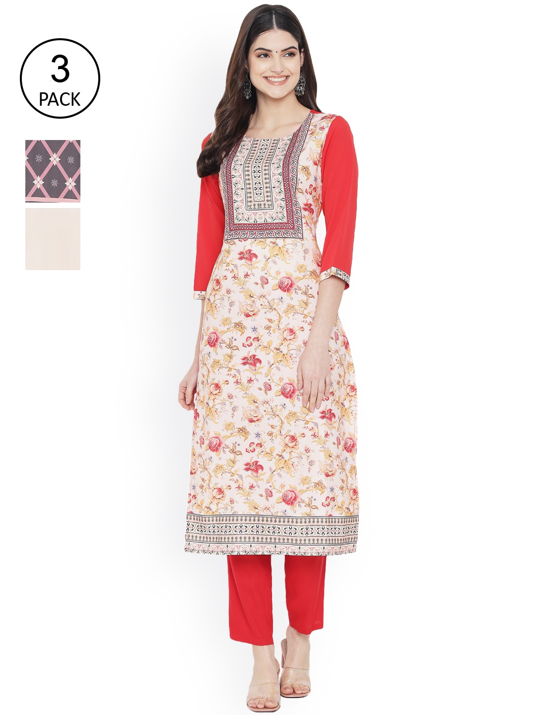 

Ethnic basket Women Multicoloured Pack of 3 Floral Crepe Kurta, Multi