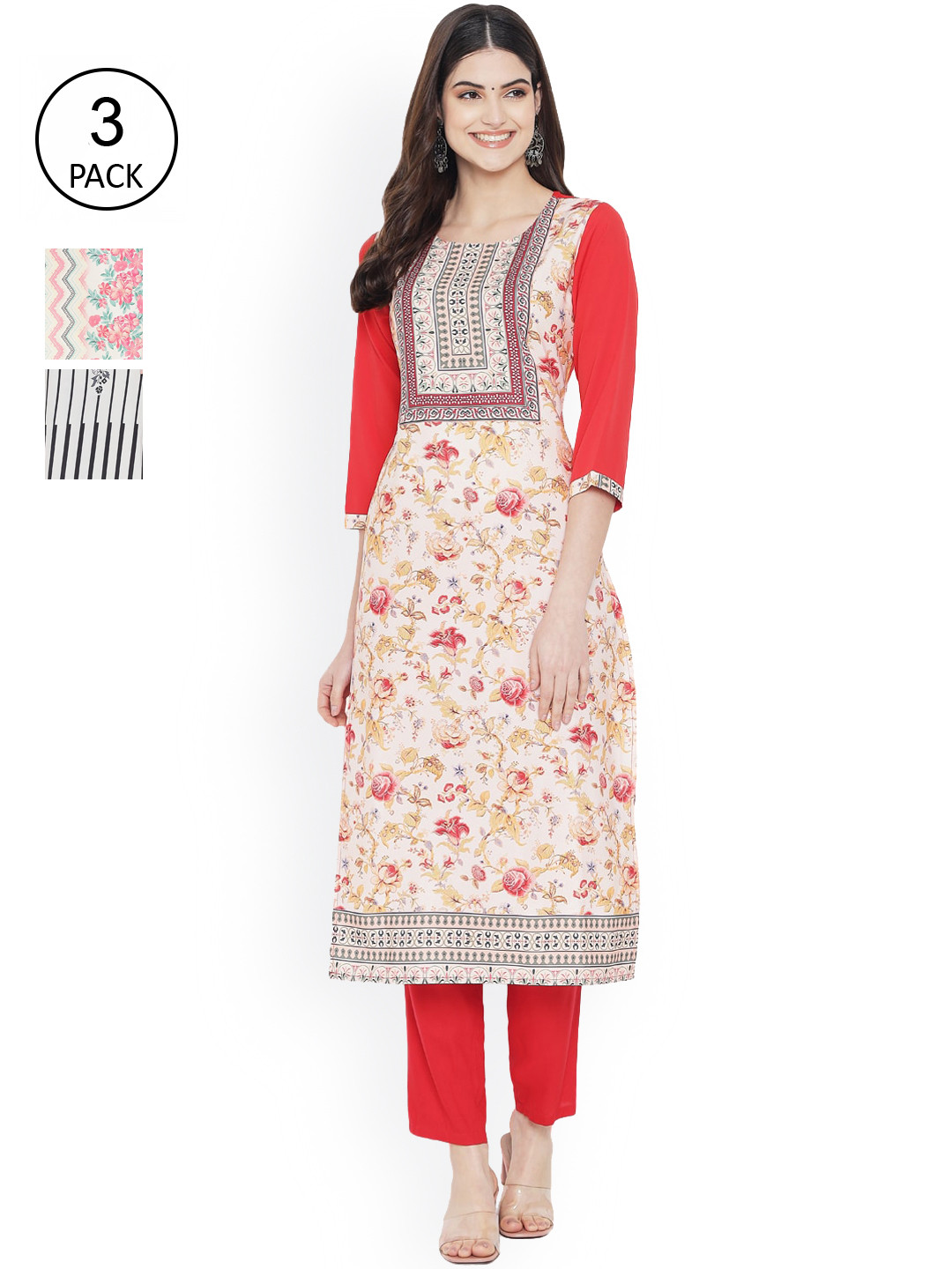 

Ethnic basket Women Pack Of 3 Cream-Coloured & Red Floral Printed Floral Crepe Kurtas