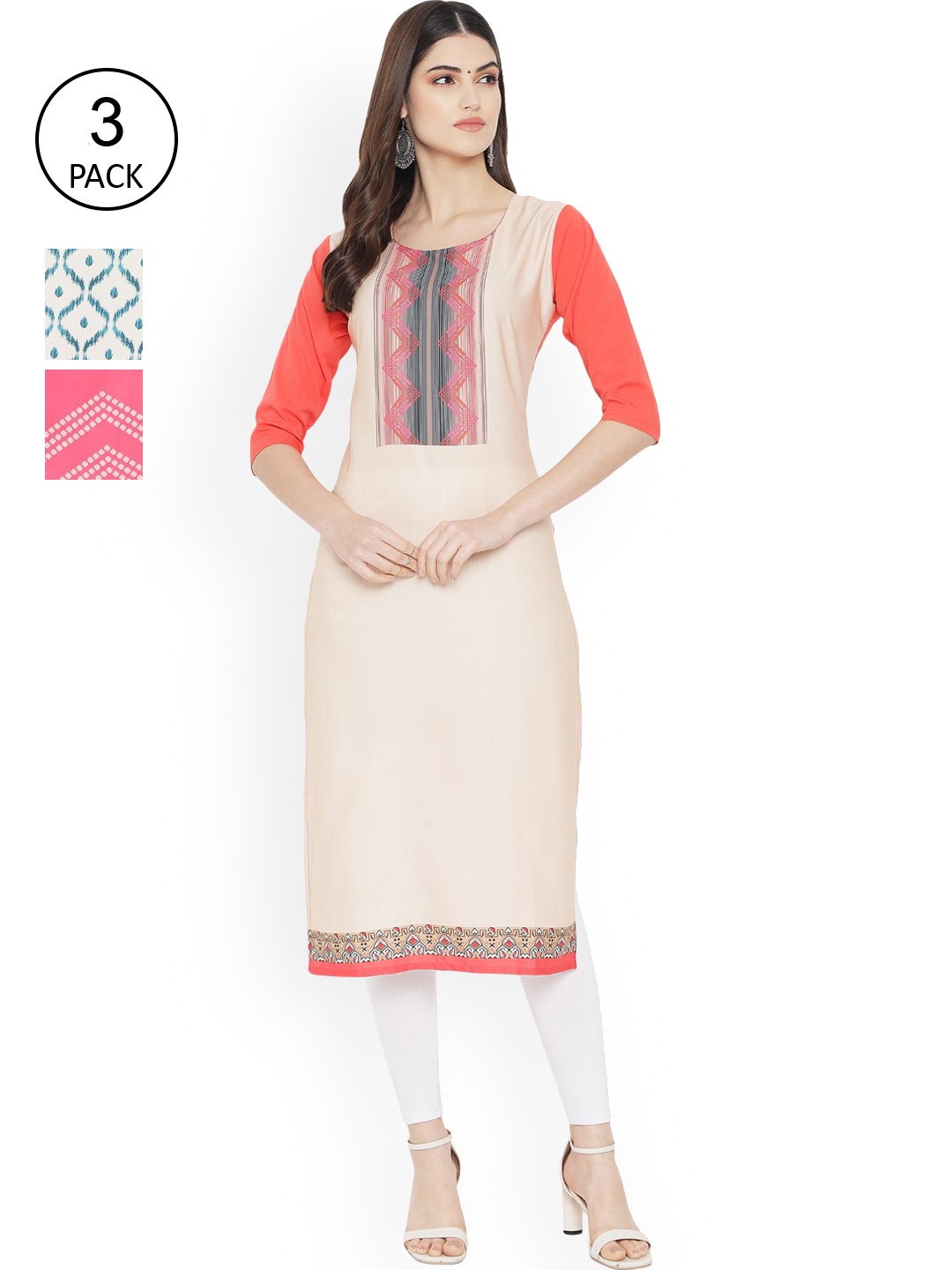 

Ethnic basket Women Pack of 3 Digital Printed Straight Kurtas, Cream