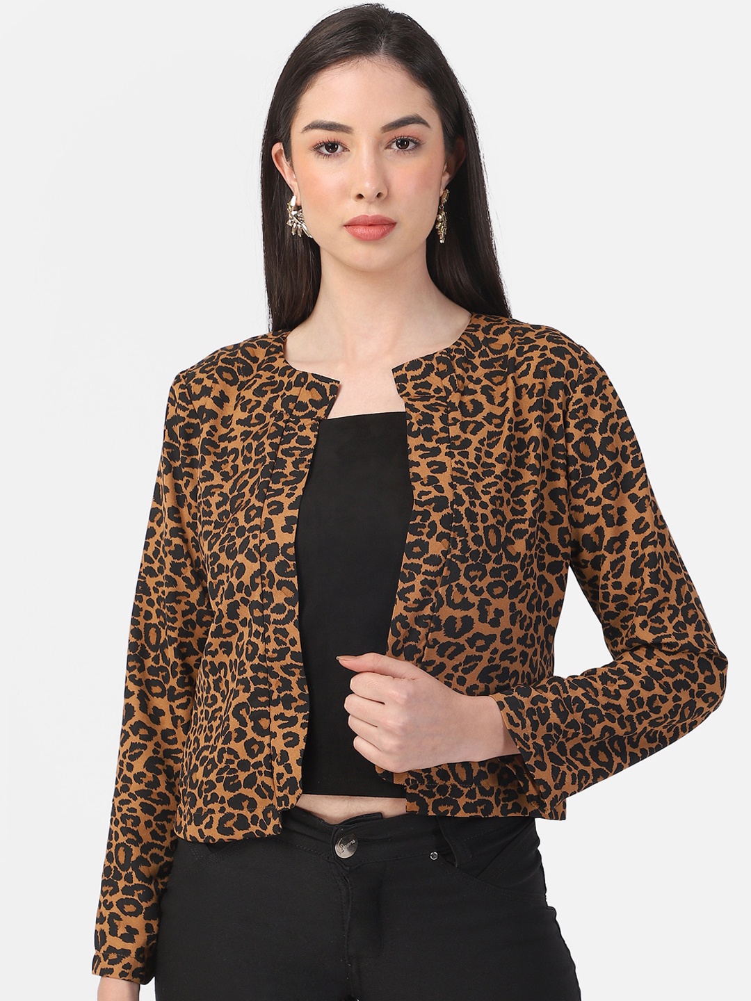 

Fbella Women Brown Black Leopard Print Crop Open Front Jacket