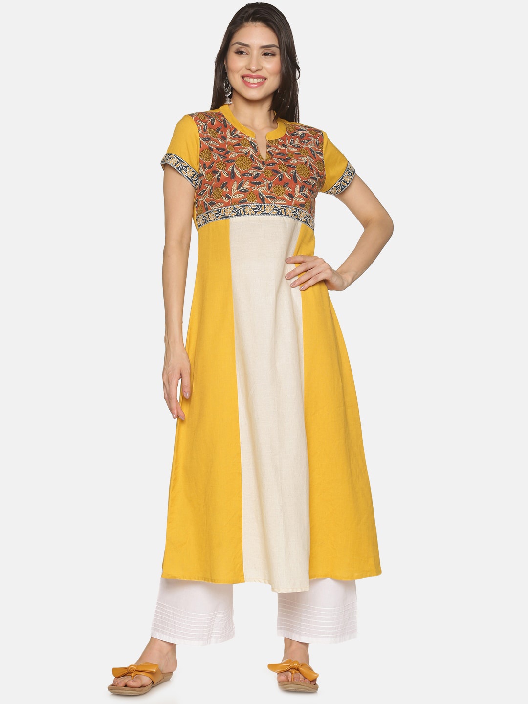 

Saffron Threads Women Mustard Yellow & Off White Colourblocked Kurta