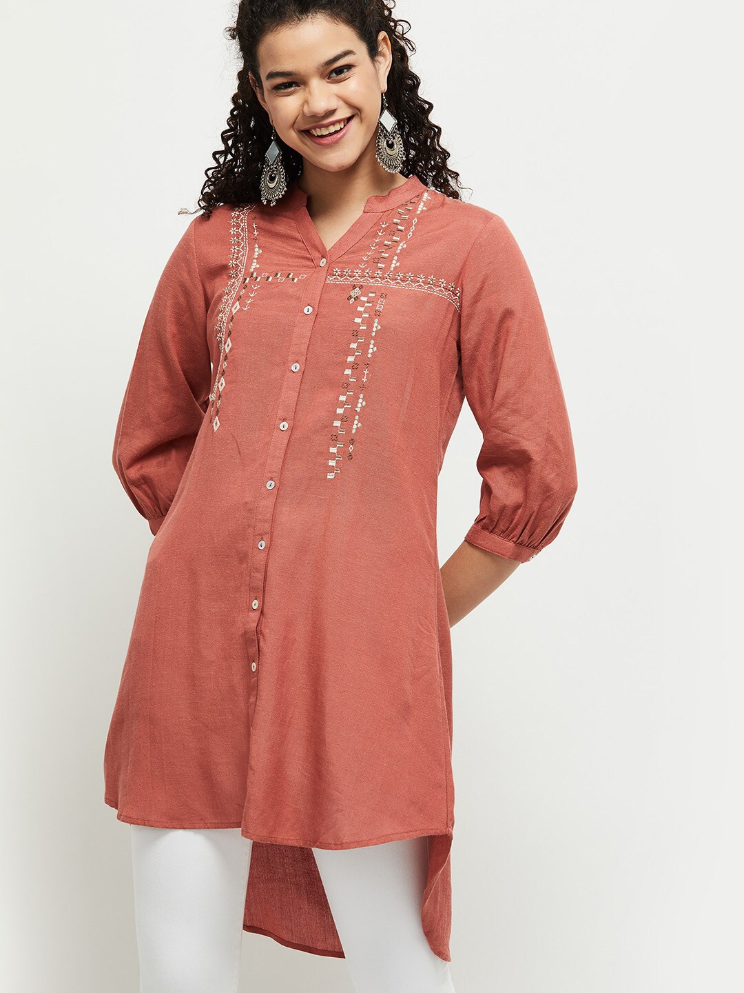 

max Pink & White Viscose Rayon Embroidered Bohemian Tunic