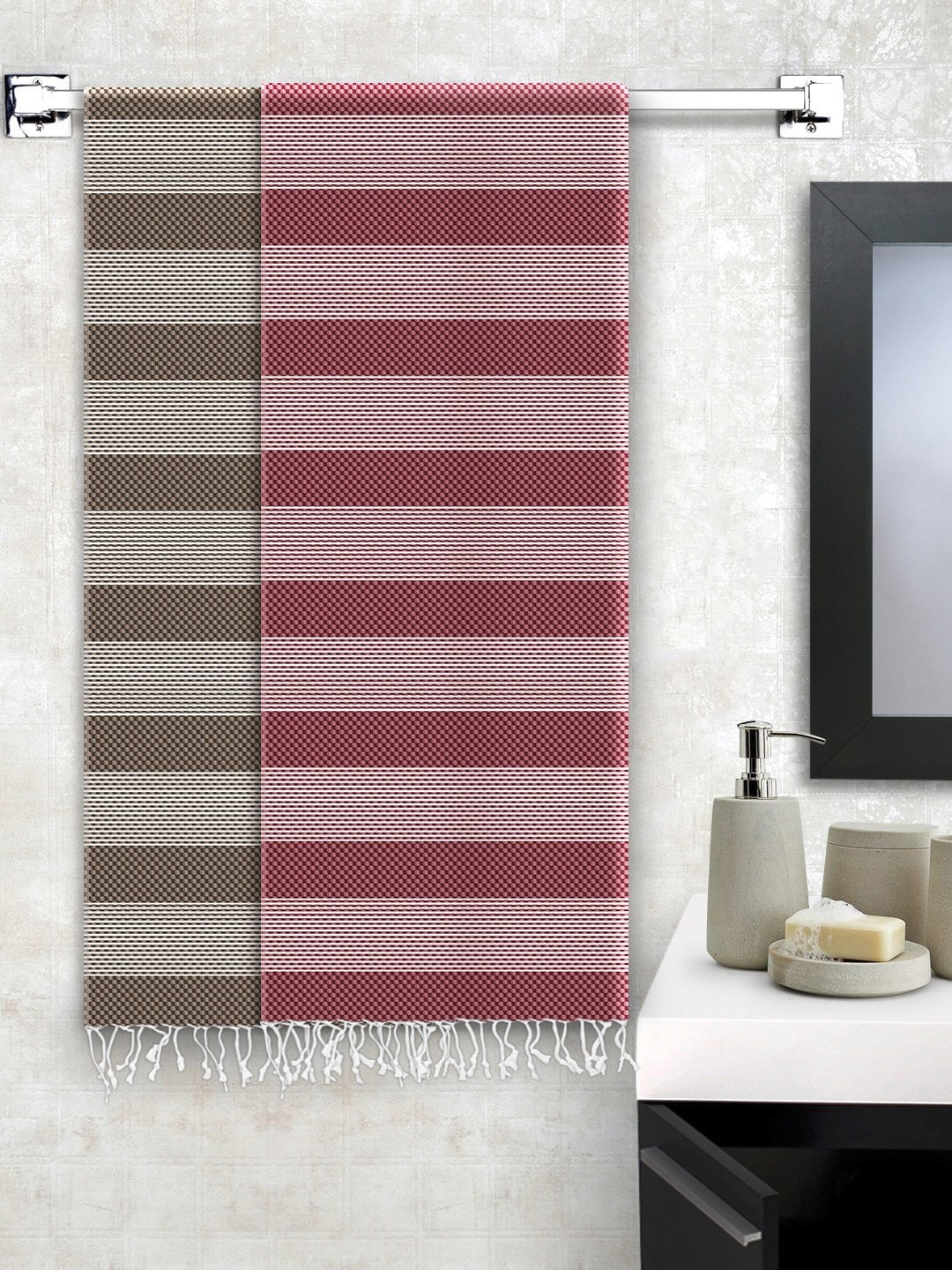 

Story@home Set of 2 Maroon & Brown Striped 200GSM Bath Towel Set