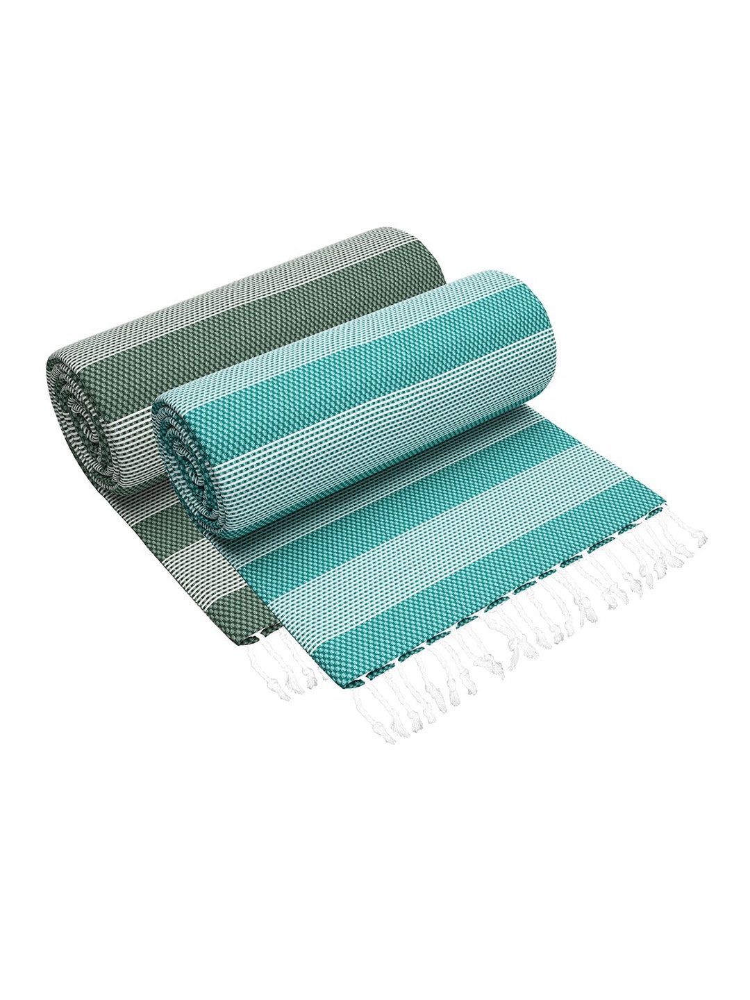 

Story@home Set Of 2 Green & Teal Striped 200 GSM Pure Cotton Bath Towel