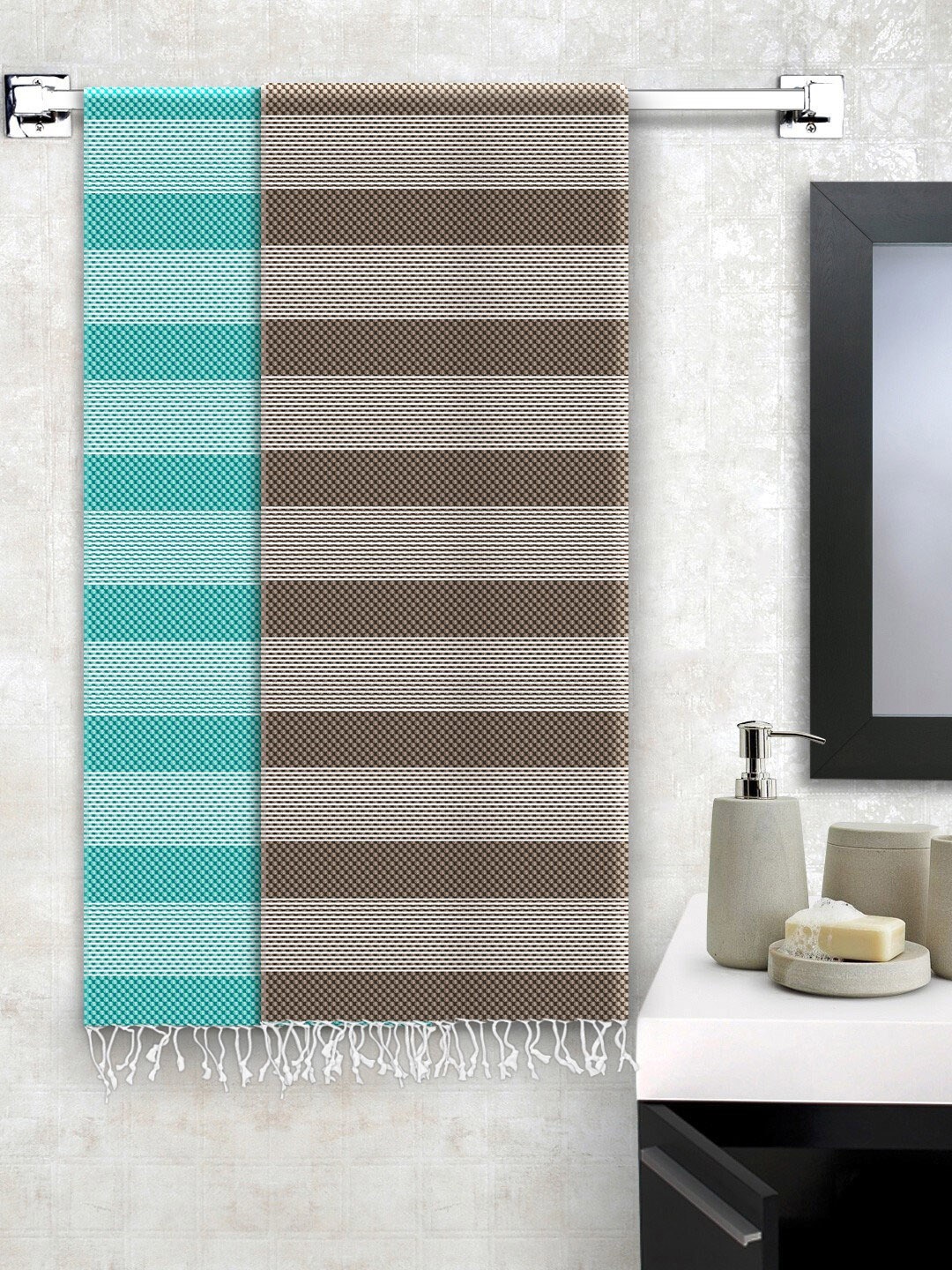 

Story@home Set Of 2 Striped Teal & Brown 200 GSM Pure Cotton Bath Towel
