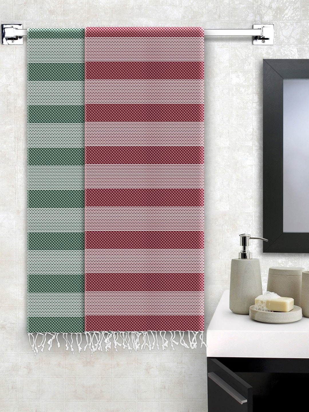 

Story@home Set Of 2 Striped 200 GSM Pure Cotton Bath Towel, Green
