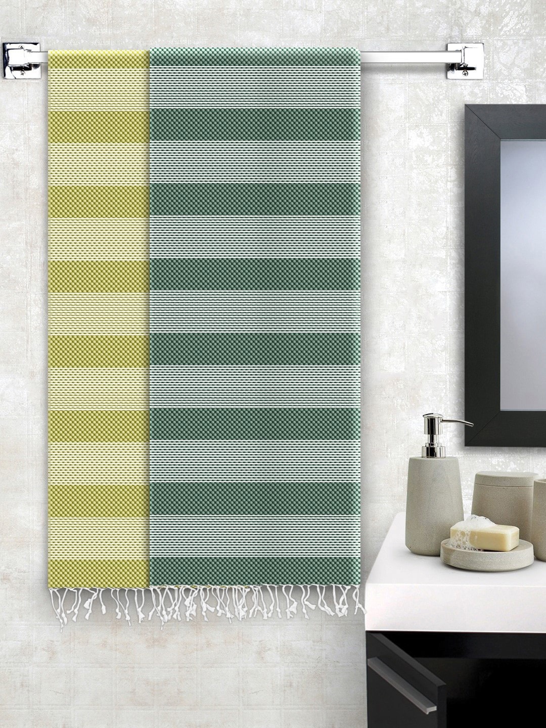 

Story@home Set Of 2 Striped 200 GSM Pure Cotton Bath Towel, Olive