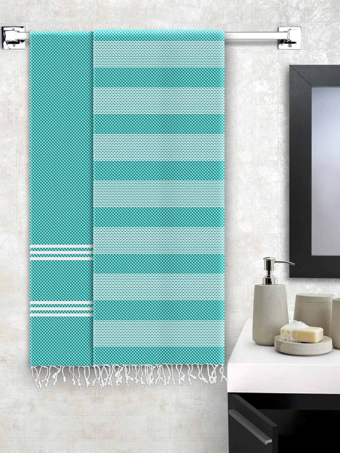 

Story@home Set Of 2 Striped 200 GSM Pure Cotton Bath Towels, Teal