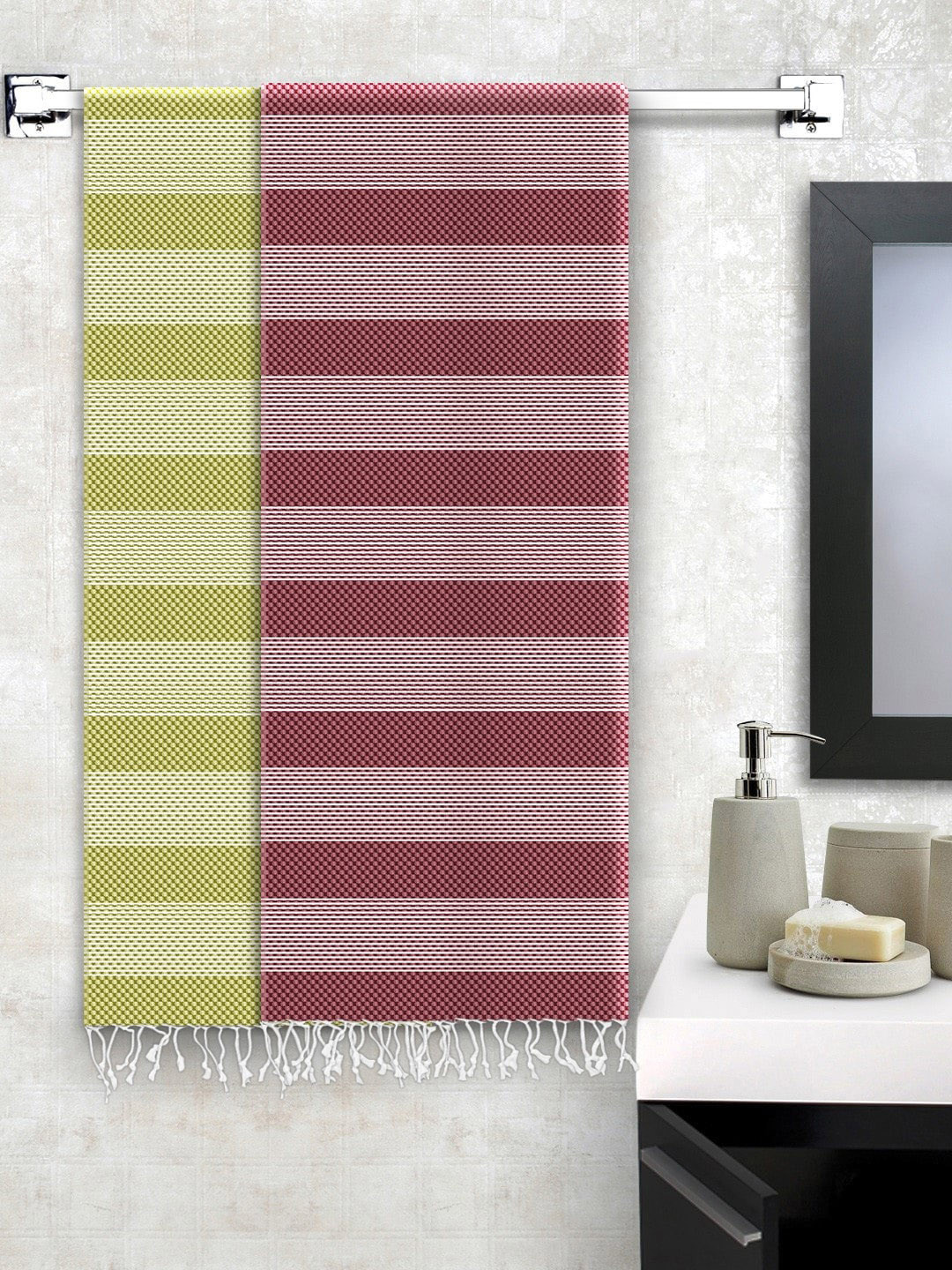 

Story@home Set Of 2 Striped Olive & Magenta 200 GSM Pure Cotton Bath Towel