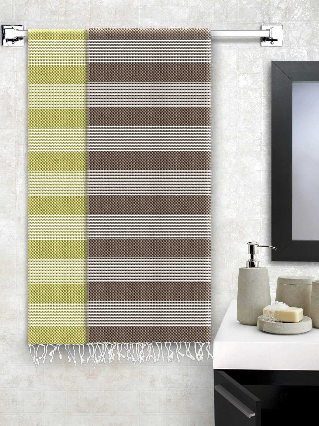

Story@home Set Of 2 Striped 200 GSM Pure Cotton Bath Towel, Olive