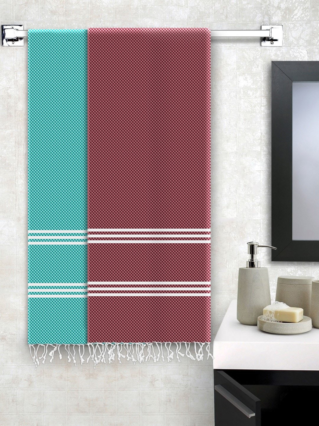 

Story@home Set Of 2 Striped 200 GSM Pure Cotton Bath Towels, Teal