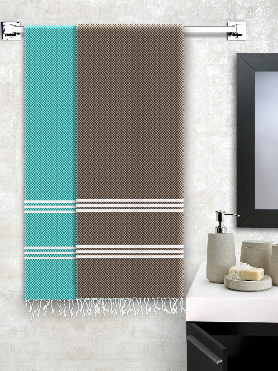 

Story@home Teal Green & Brown Set Of 2 Solid Pure Cotton 200 GSM Bath Towel