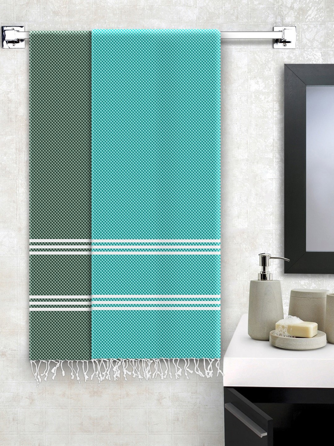

Story@home Set Of 2 Striped Green & White Pure Cotton 200 GSM Bath Towel