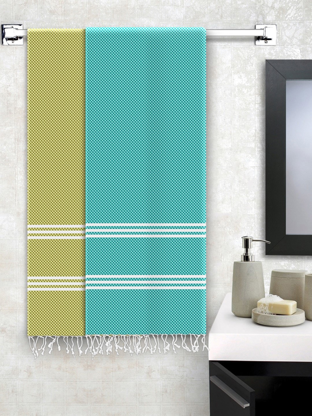 

Story@home Set Of 2 Olive & Teal Stripped 200 GSM Pure Cotton Bath Towel