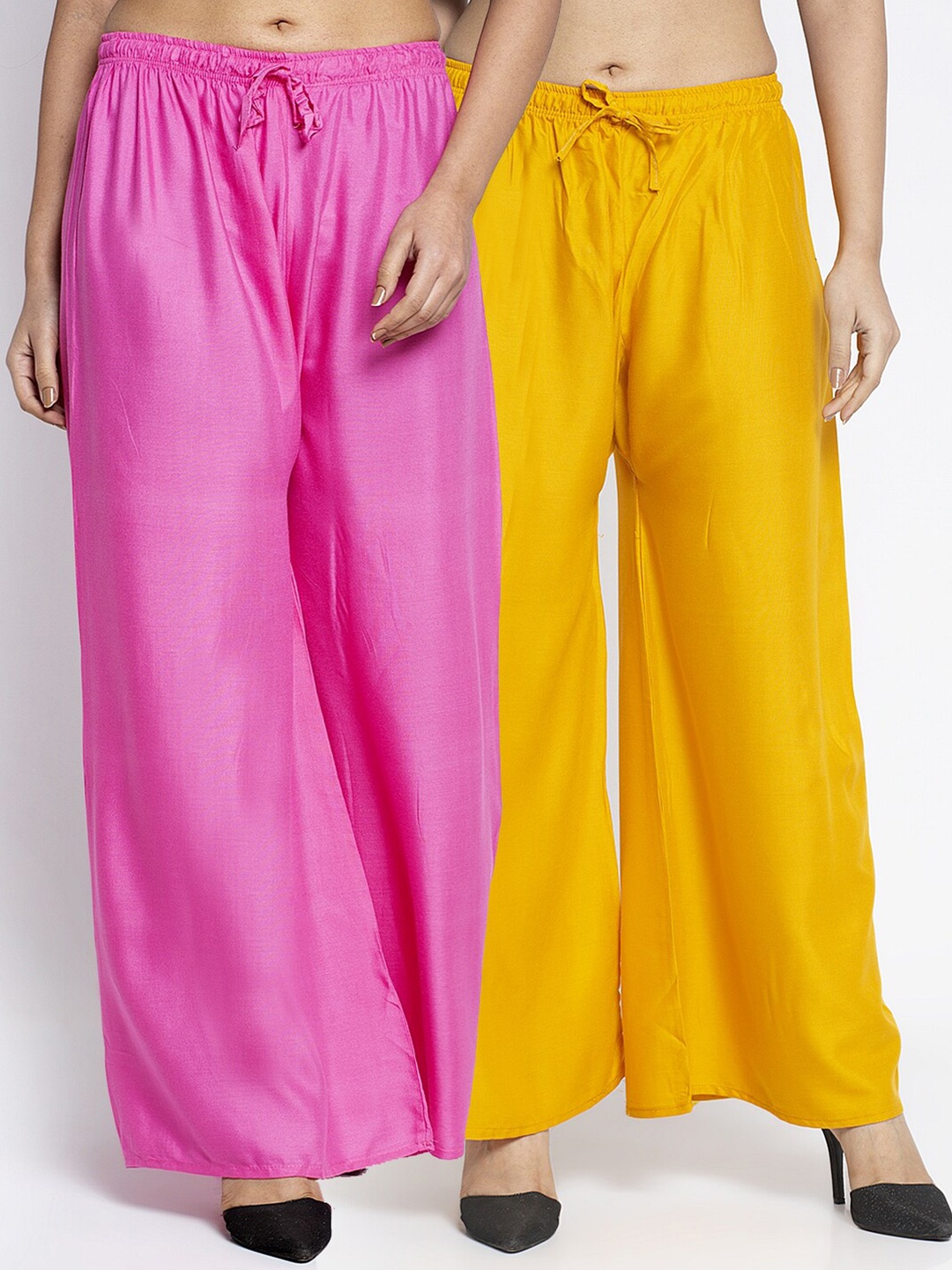

Jinfo Women Pack Of 2 Pink & Yellow Flared Knitted Ethnic Palazzos