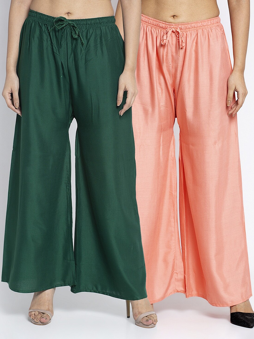 

Jinfo Women Green & Peach-Coloured 2 Flared Knitted Ethnic Palazzos