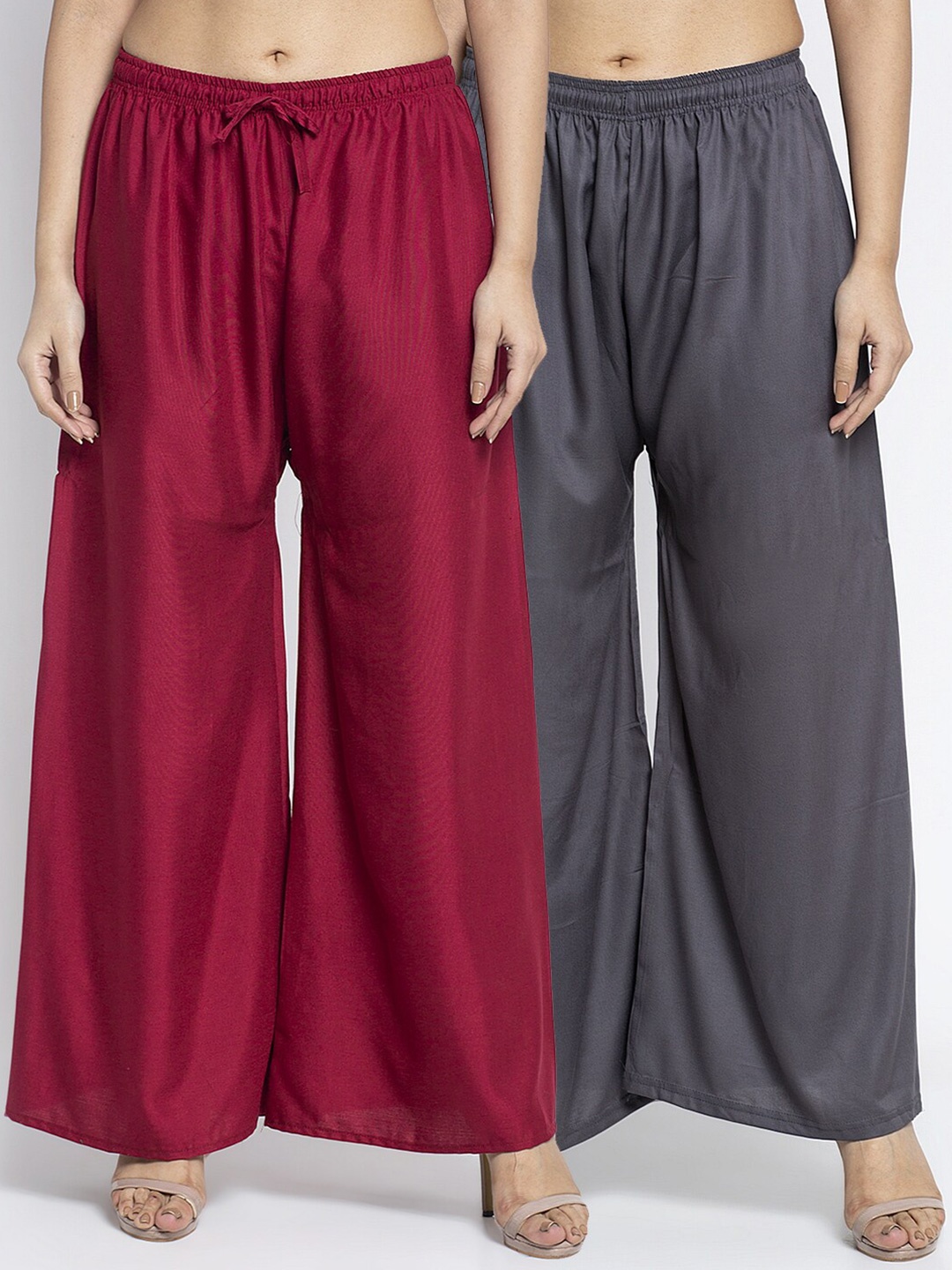 

Jinfo Set Of 2 Women Maroon & Grey Flared Ethnic Palazzos