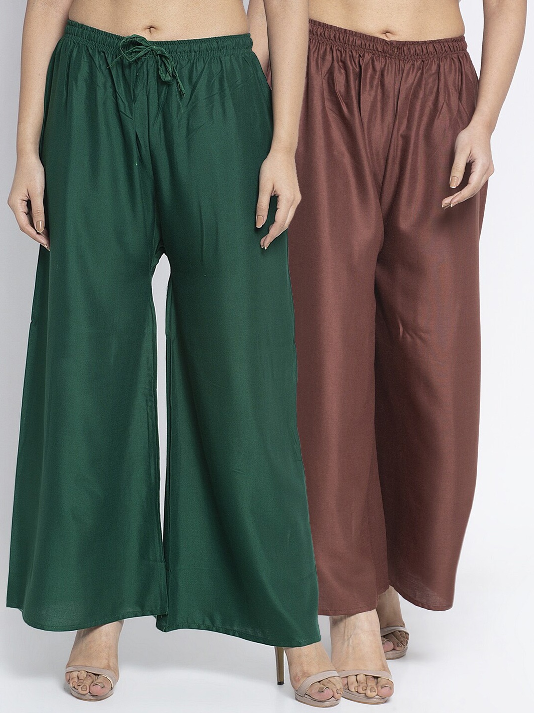 

Jinfo Set Of 2 Women Green & Brown Flared Ethnic Palazzos