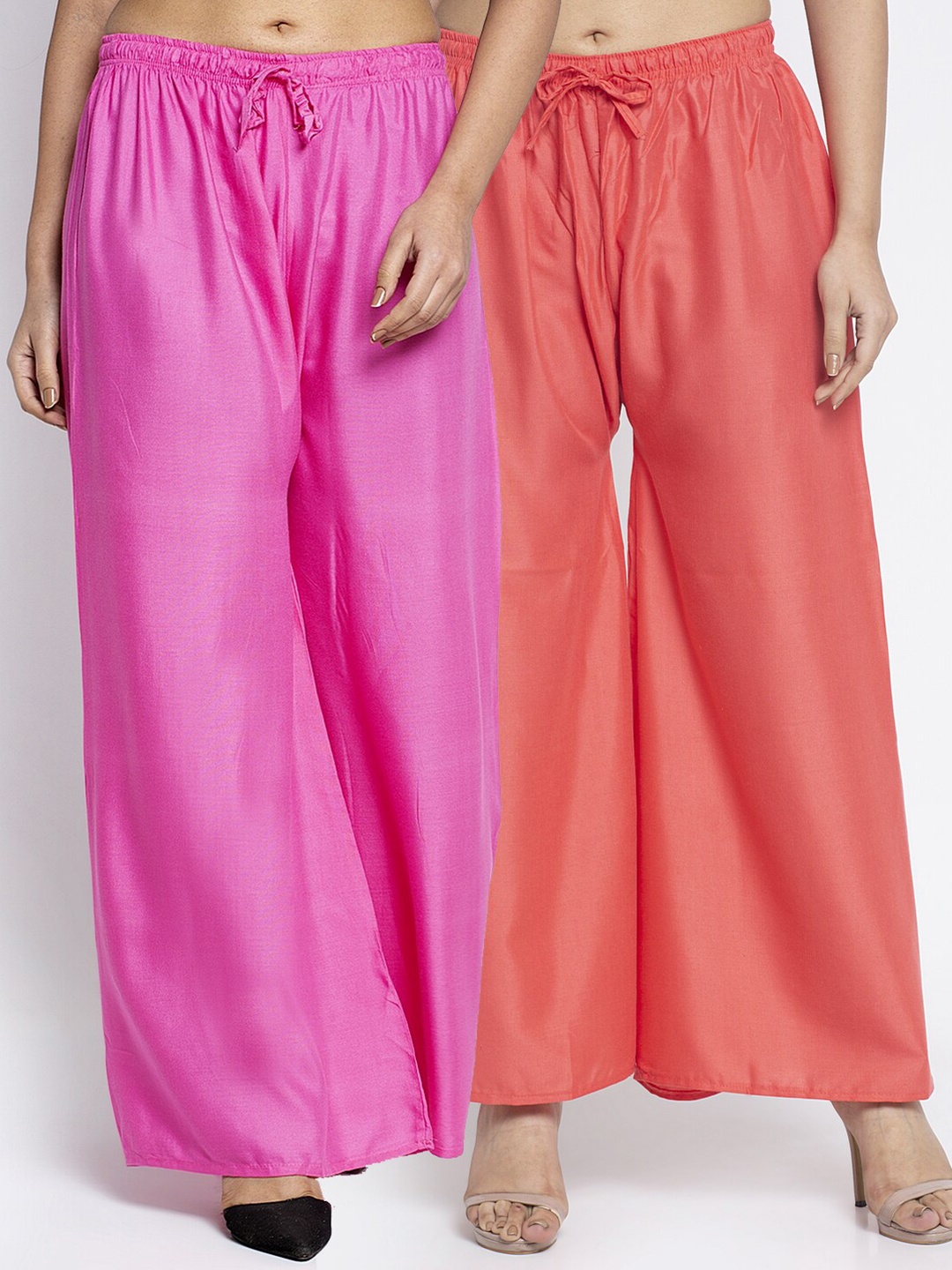 

Jinfo Women Set Of 2 Pink & Orange Solid Flared Palazzos