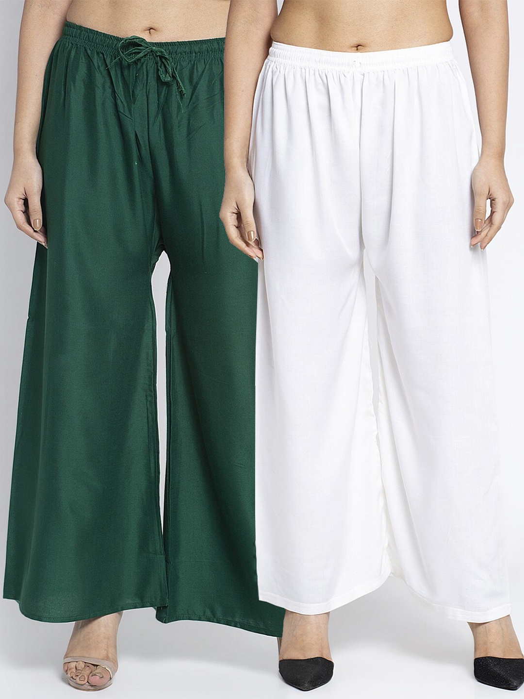 

Jinfo Set Of 2 Women Green & Off White Flared Knitted Ethnic Palazzos