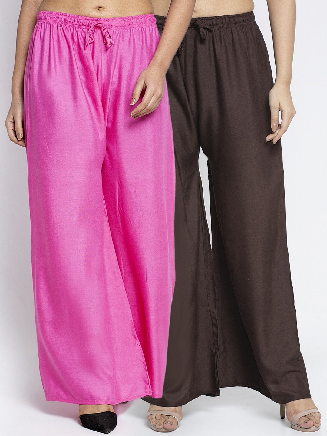 

Jinfo Women Set Of 2 Pink & Brown Solid Flared Palazzos