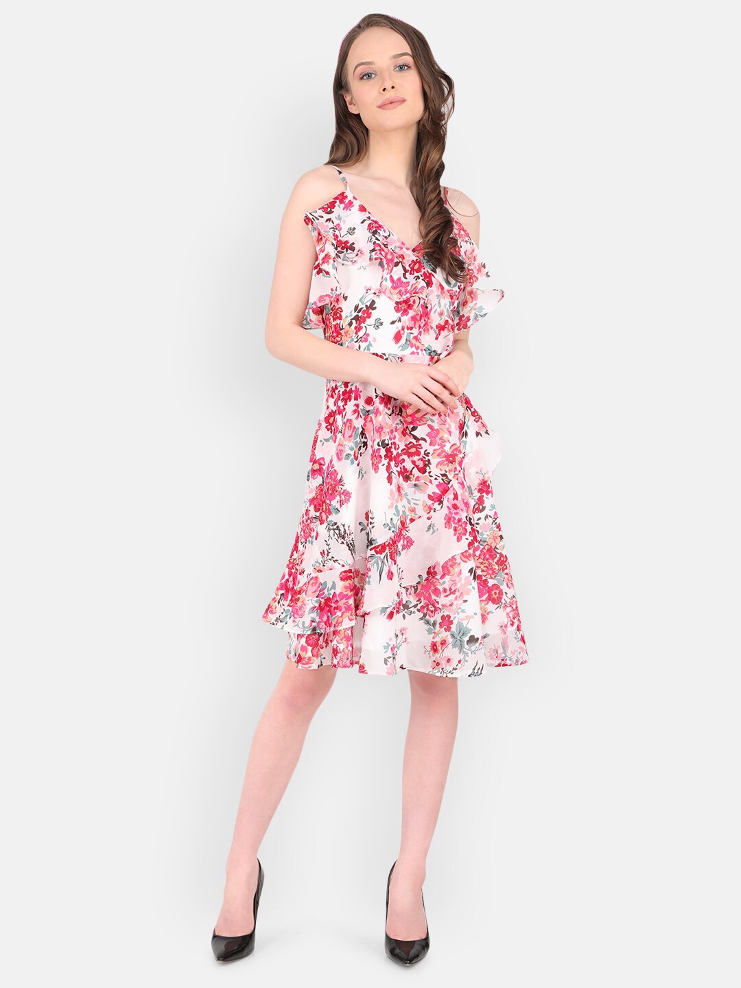 MARC LOUIS White & Pink Floral Georgette Dress