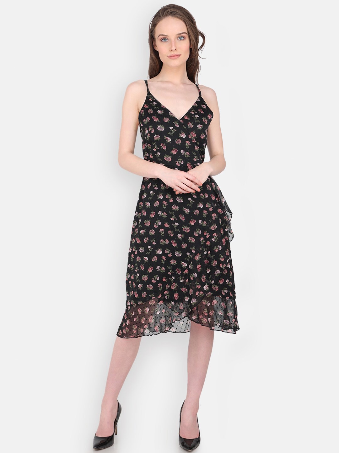 

MARC LOUIS Black Floral Chiffon Midi Wrap Dress