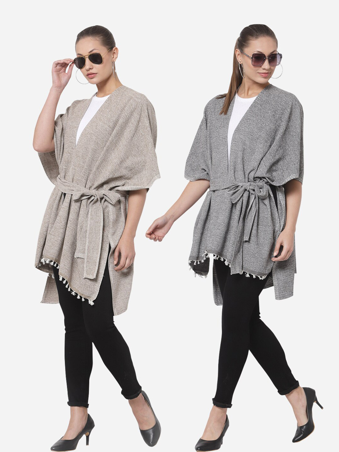 

Arrabi Women Pack Of 2 Self Design Open Front Shrug with Belt, Grey