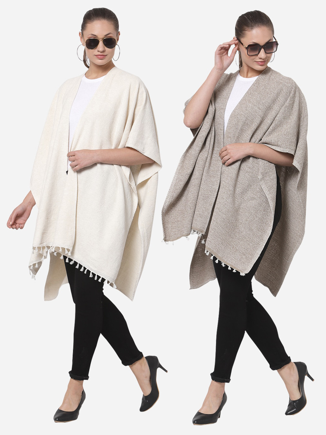 

Arrabi Women Pack of 2 Grey & Cream-Coloured Monochrome Tie-Up Shrug