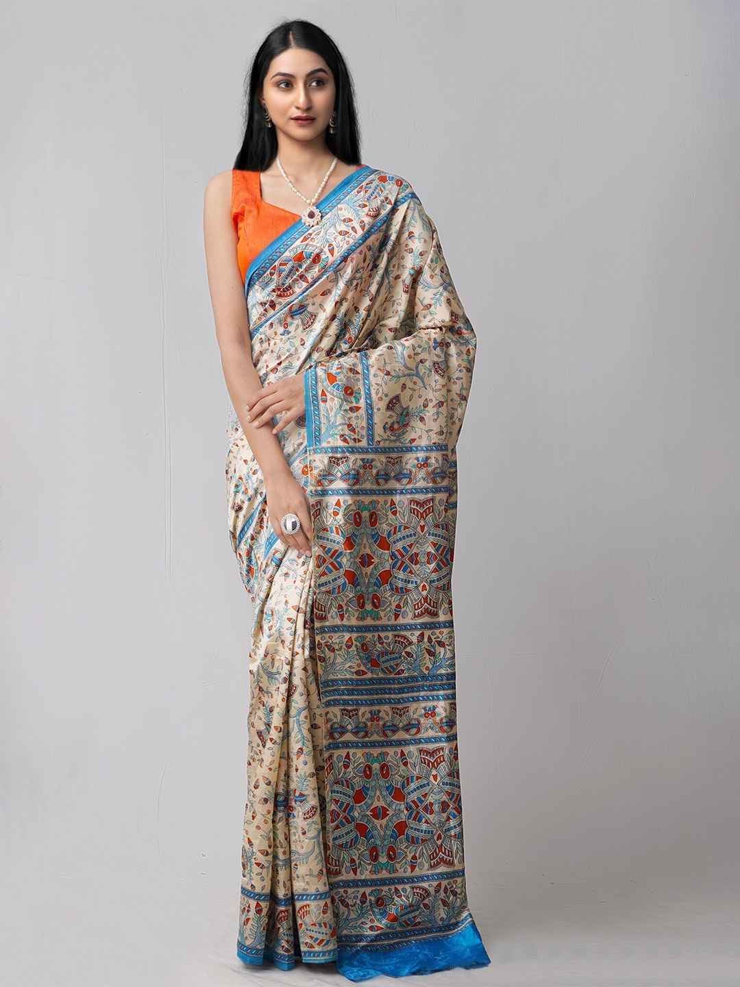 

Unnati Silks Brown & Blue Ethnic Motifs Madhubanu Art Silk Saree
