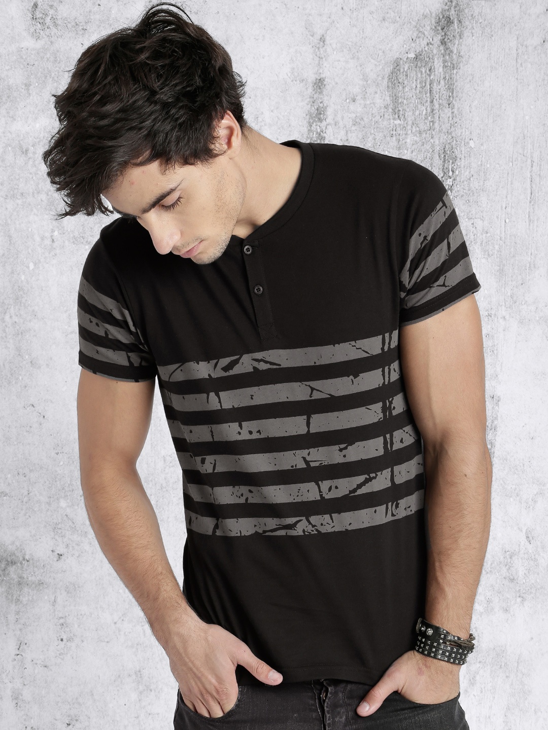 

Roadster Men Black Grey Striped Henley Neck Pure Cotton T-shirt