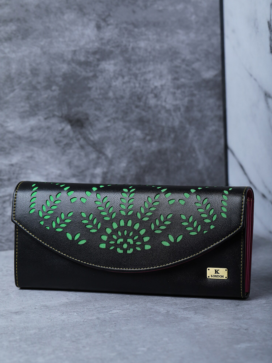 

K London Women Black & Magenta Leather Two Fold Wallet