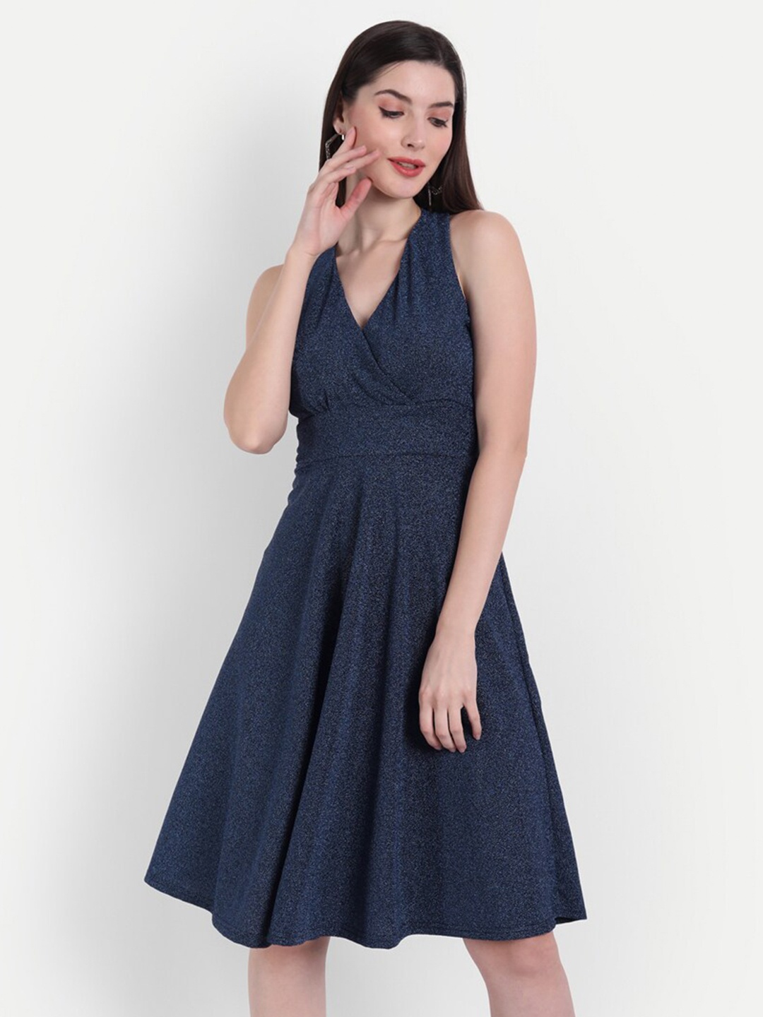 

BROADSTAR Women Navy Blue Shimmer A-Line Dress with Styled Back