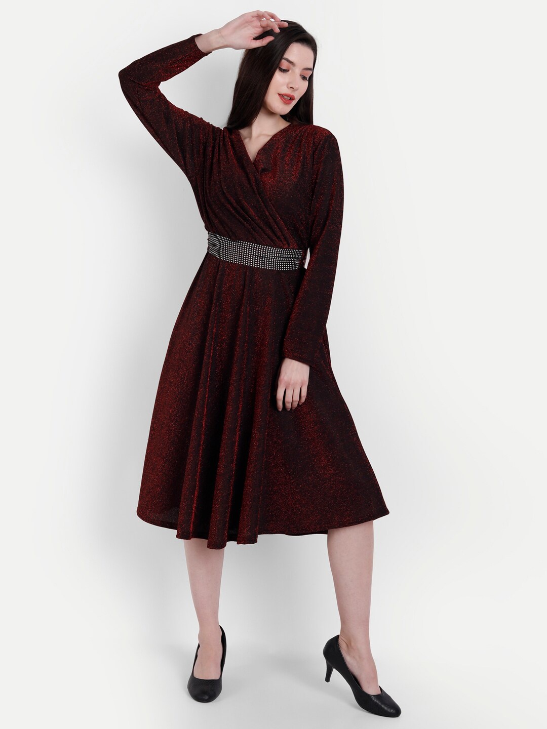 

BROADSTAR Maroon Midi Wrap Dress