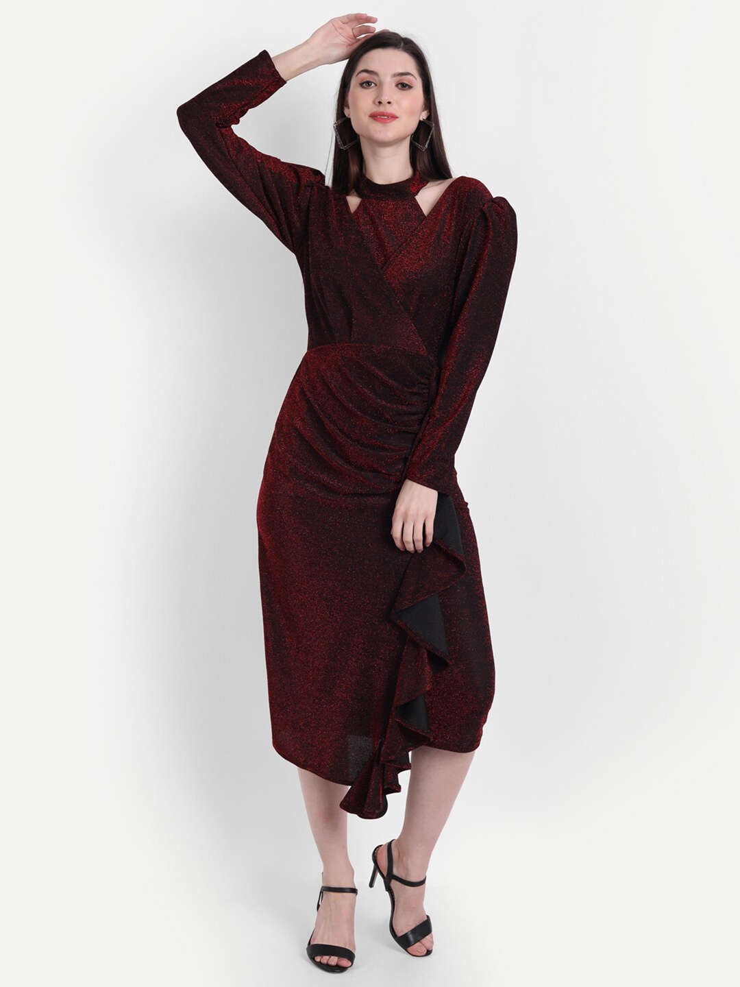 

BROADSTAR Maroon Solid Midi Party Wrap Dress