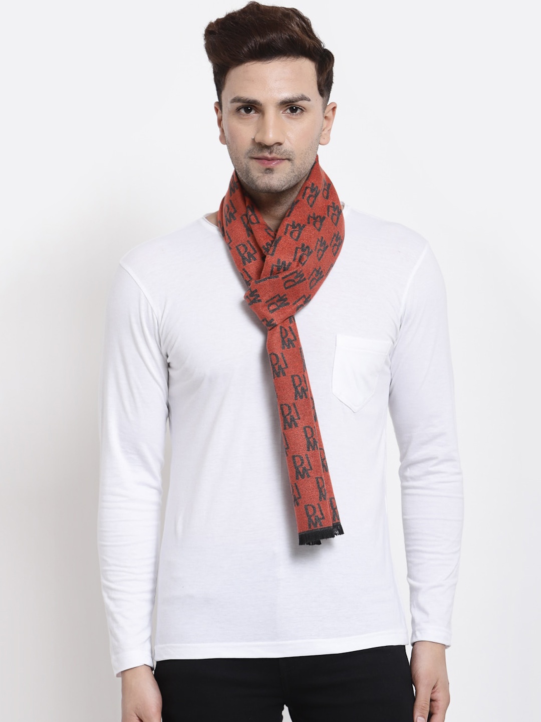 

Calvadoss Men Rust Red & Charcoal Grey Printed Muffler