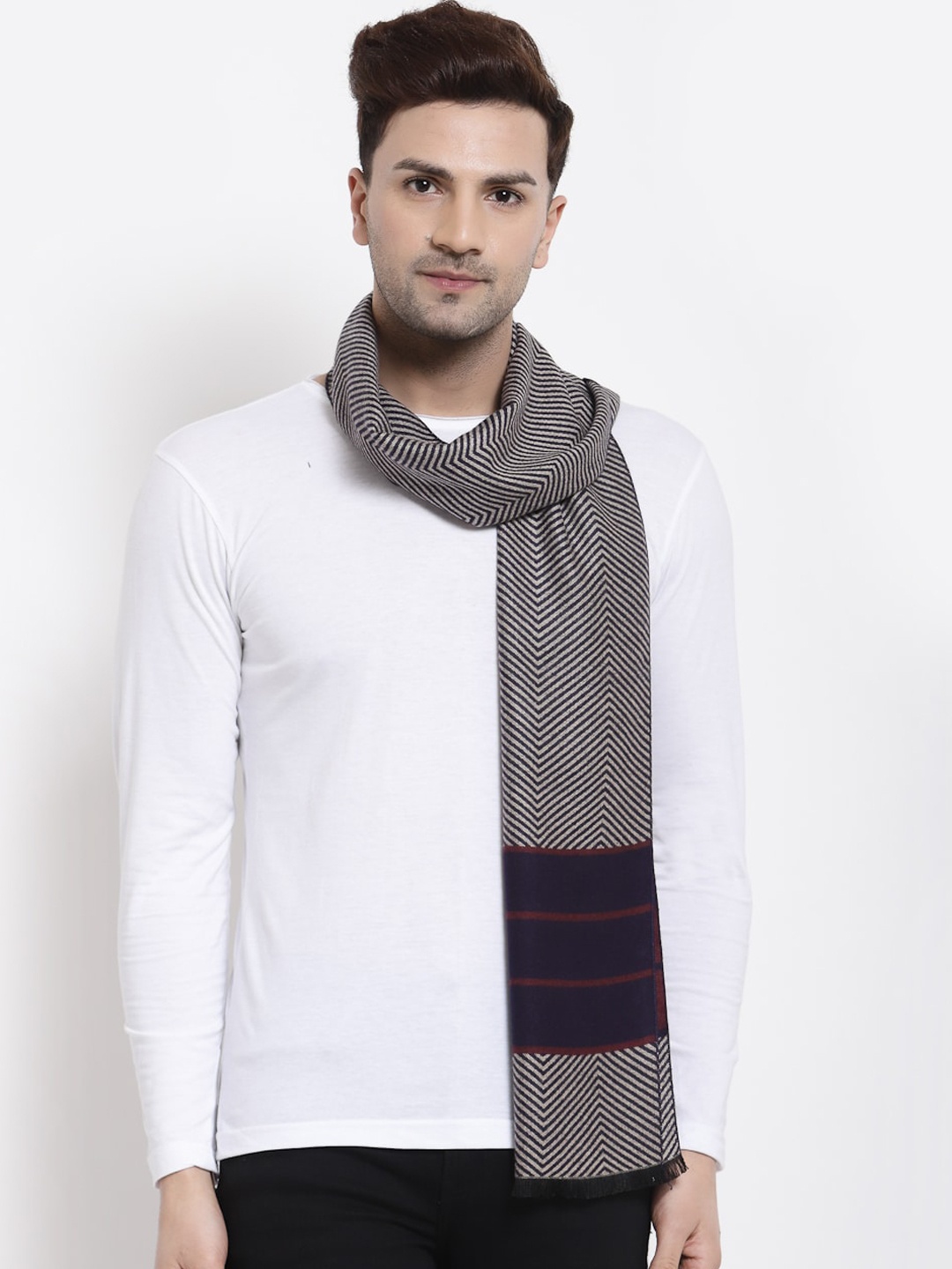 

Calvadoss Men Navy Blue & Off-White Striped Muffler