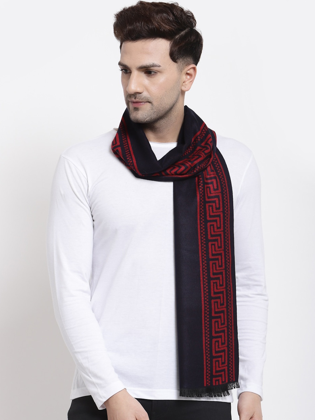 

Calvadoss Men Navy Blue & Red Self Design Muffler