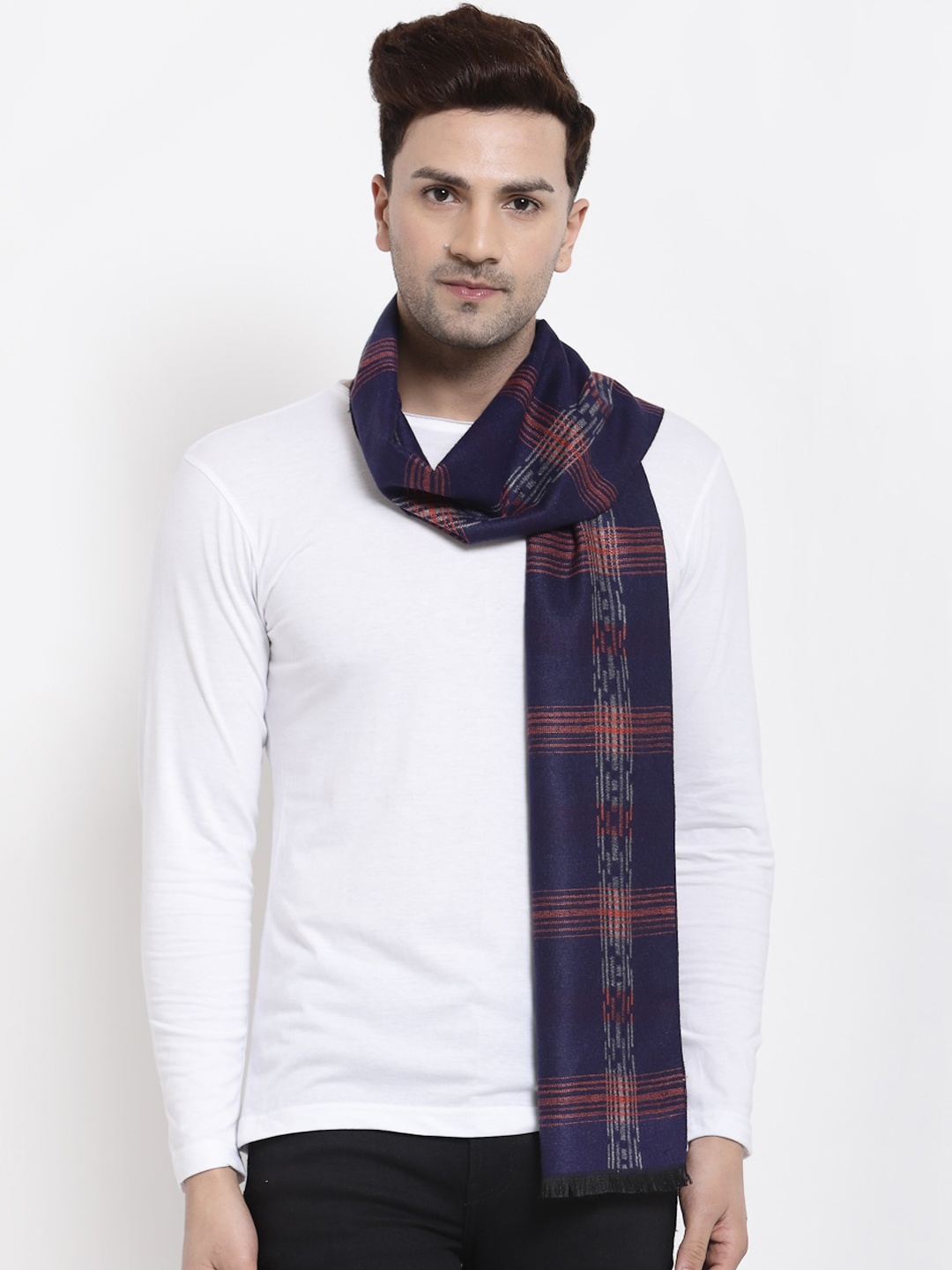 

Calvadoss Men Navy Blue & Red Checked Muffler