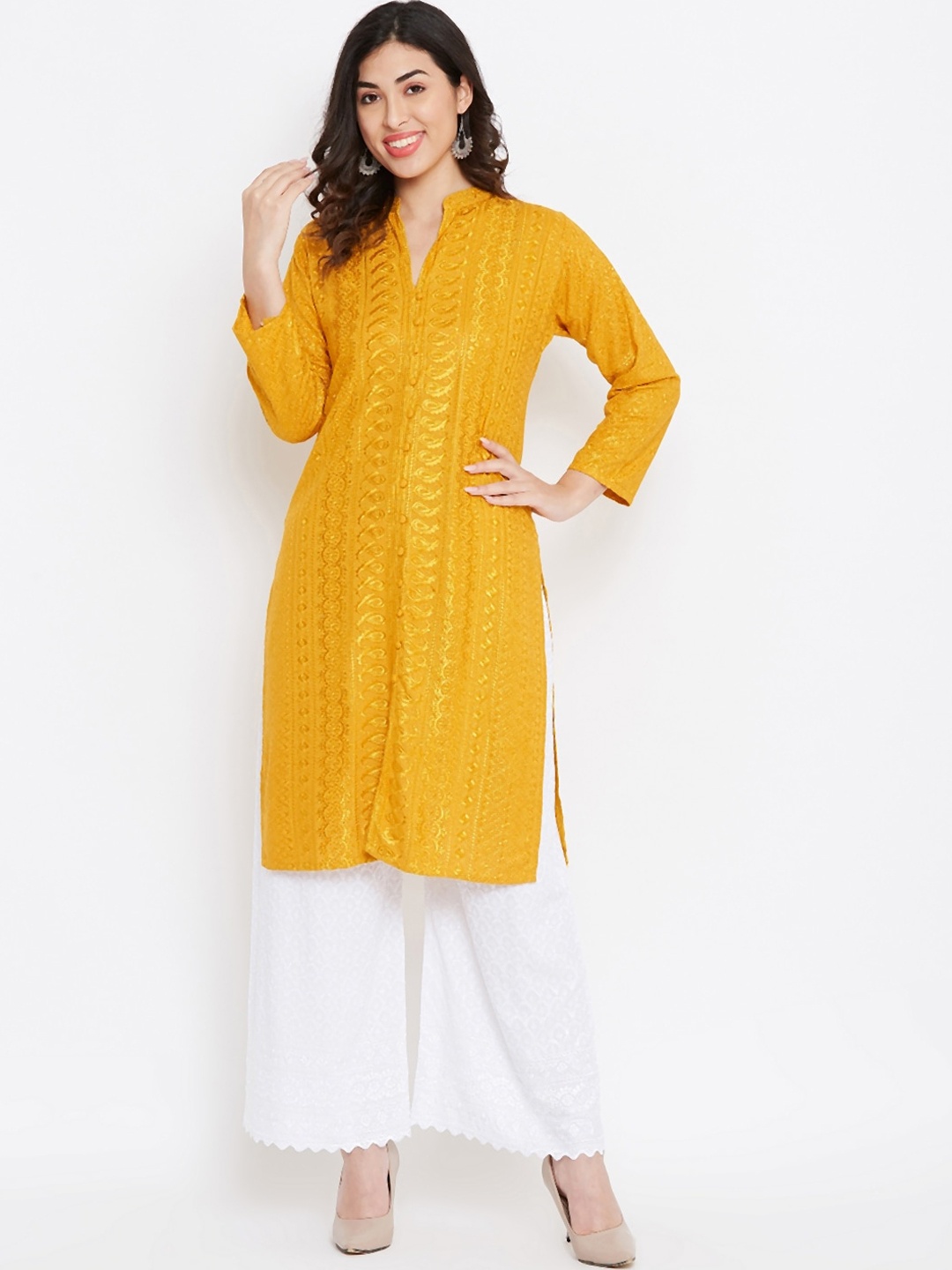 

TULIP 21 Women Mustard Yellow Ethnic Motifs Embroidered Chikankari Straight Kurta