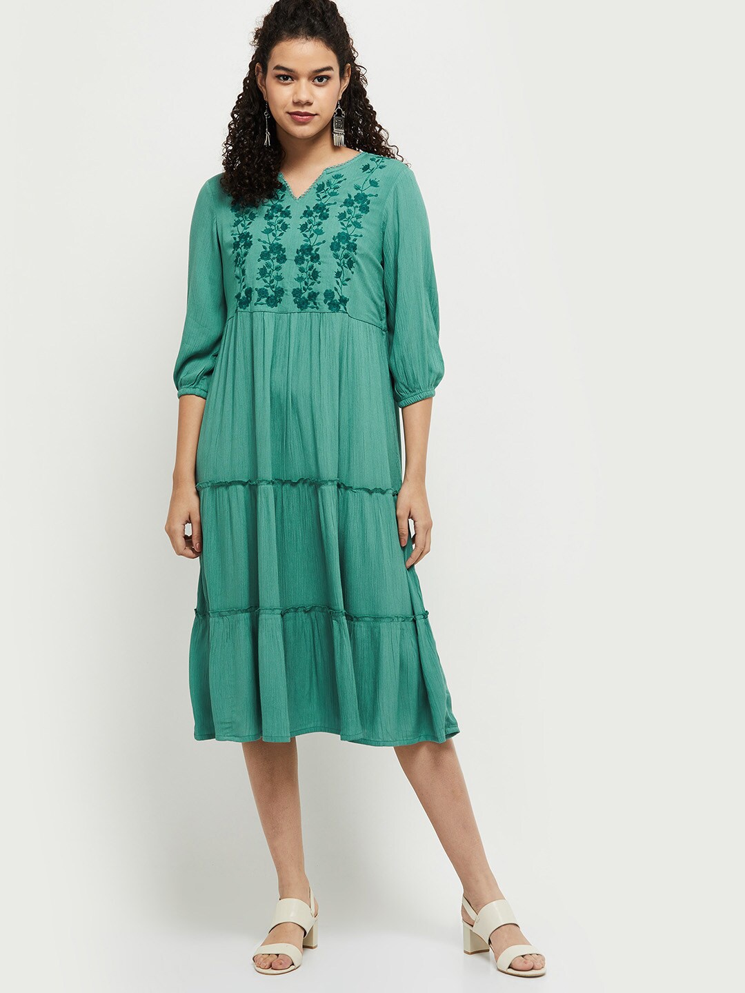 

max Green Embroidered A-Line Midi Dress
