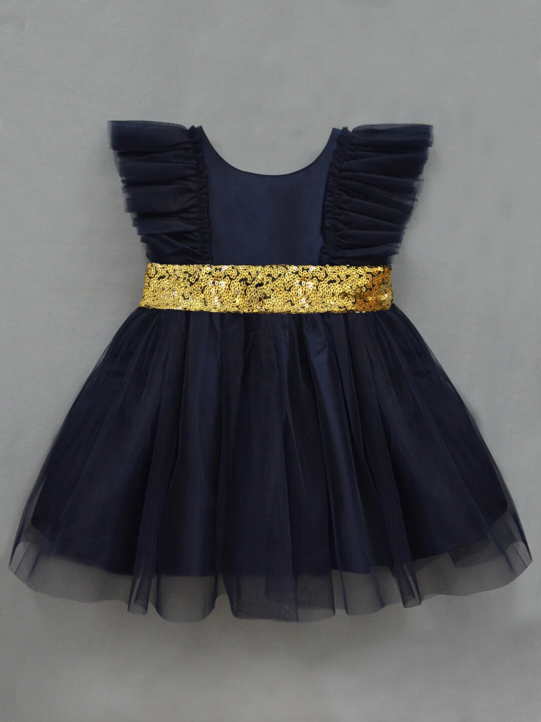 

A T U N Girls Navy Blue Net Fit & Flare Party Dress With Flutter Sleeves