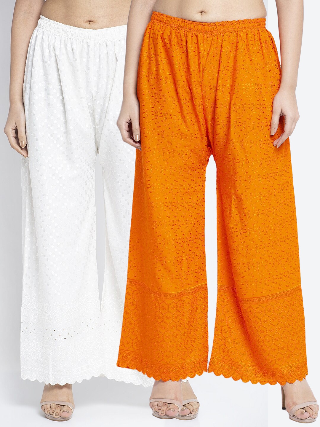 

Jinfo Women Pack Of 2 Orange & Off White Chikankari Embroidered Cotton Ethnic Palazzos