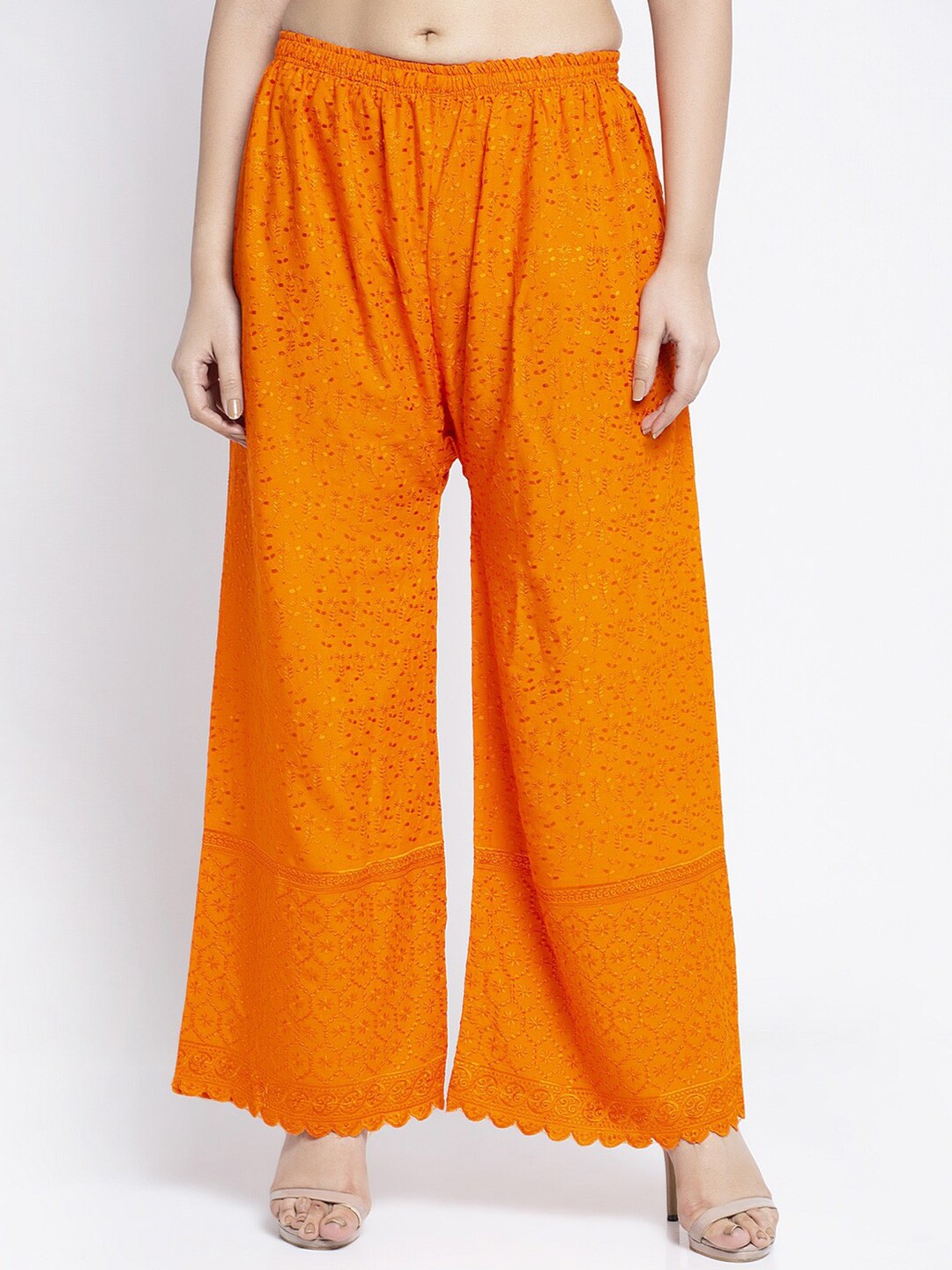 

Jinfo Women Orange Floral Embroidered Cotton Flared Knitted Ethnic Palazzos