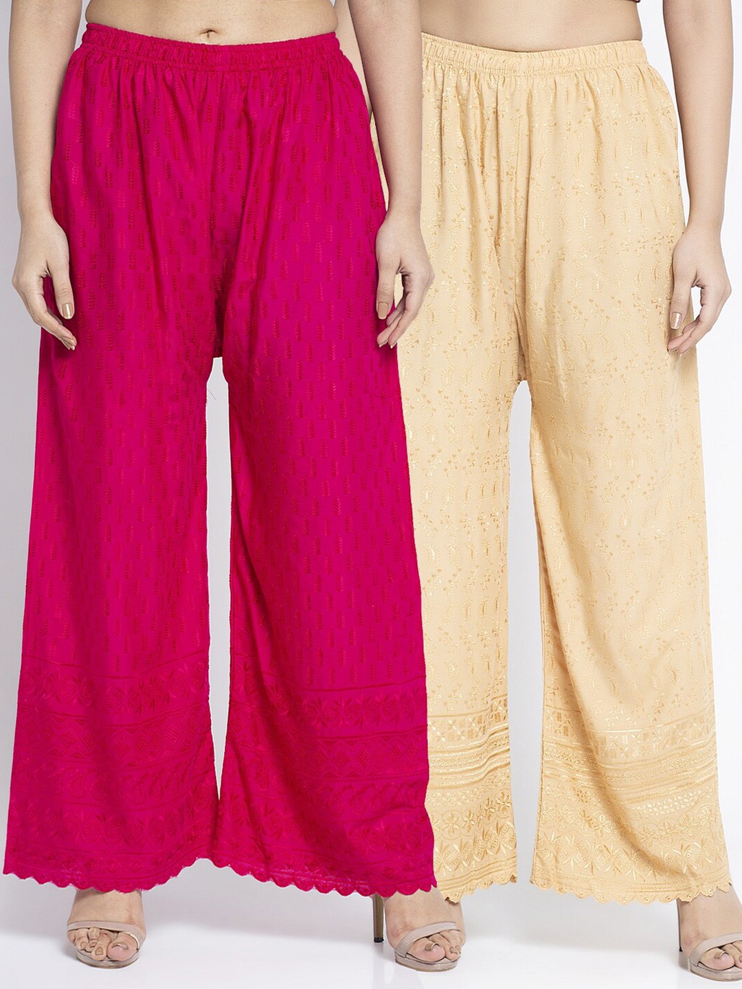 

Jinfo Women Pack of 2 Pink & Beige Chikankari Embroidered Cotton Ethnic Palazzos