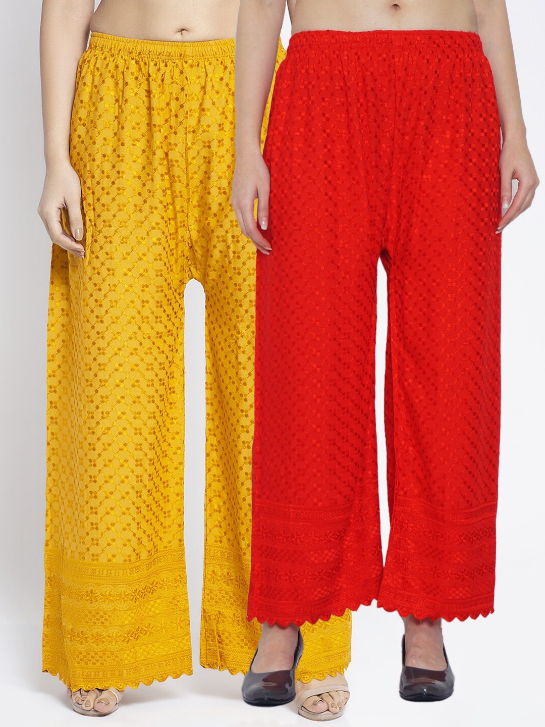 

Jinfo Women Pack Of 2 Embroidered Flared Knitted Ethnic Cotton Palazzos, Red