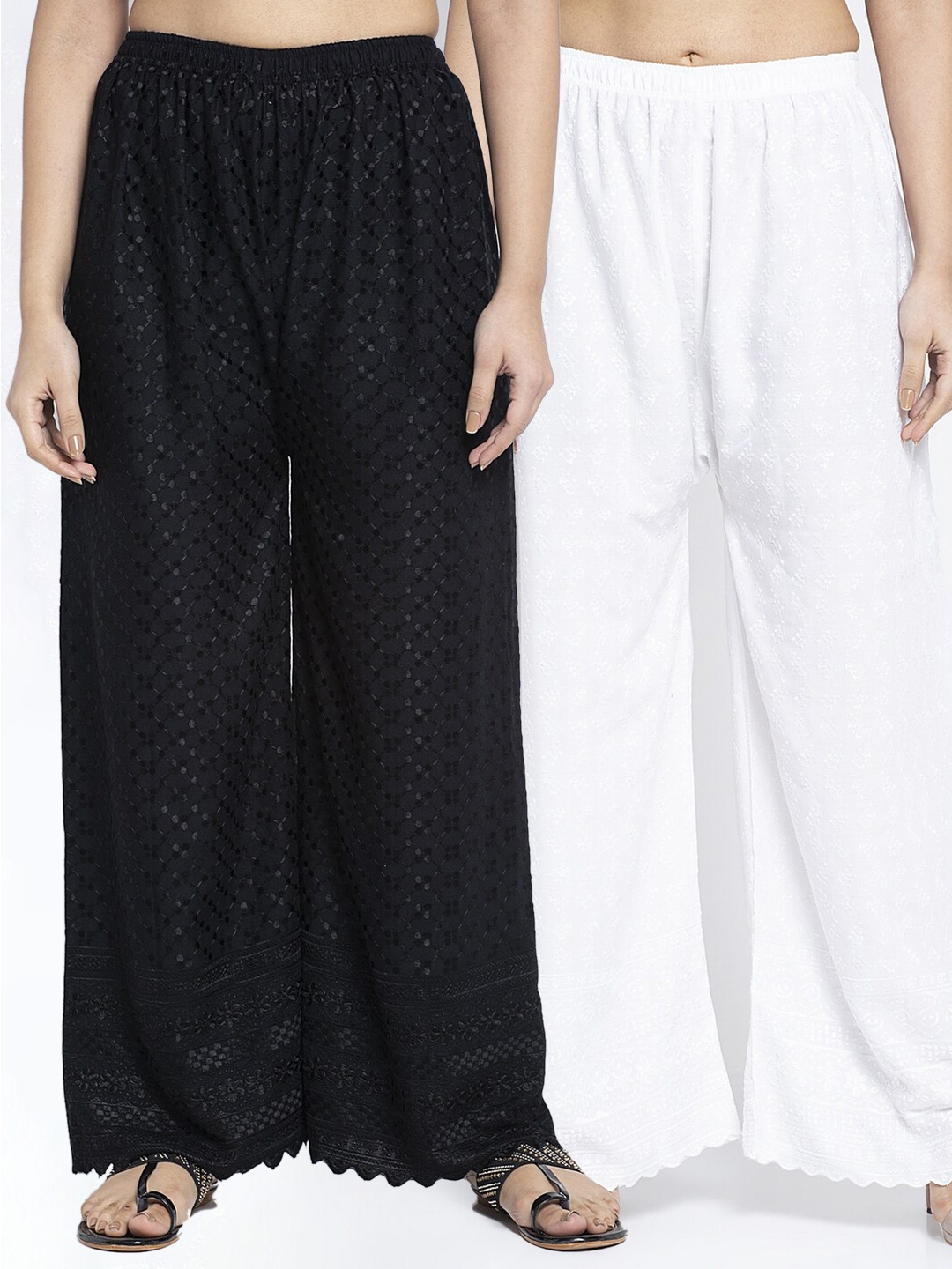

Jinfo Women Pack of 2 Ethnic Motifs Embroidered Flared Ethnic Palazzos, Black