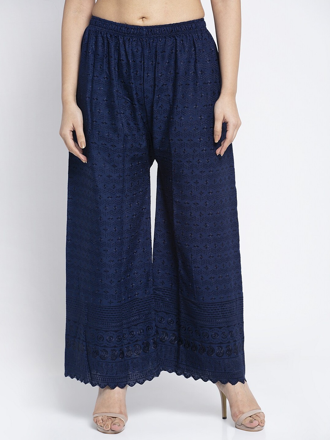 

Jinfo Women Navy Blue Embroidered Flared Palazzos