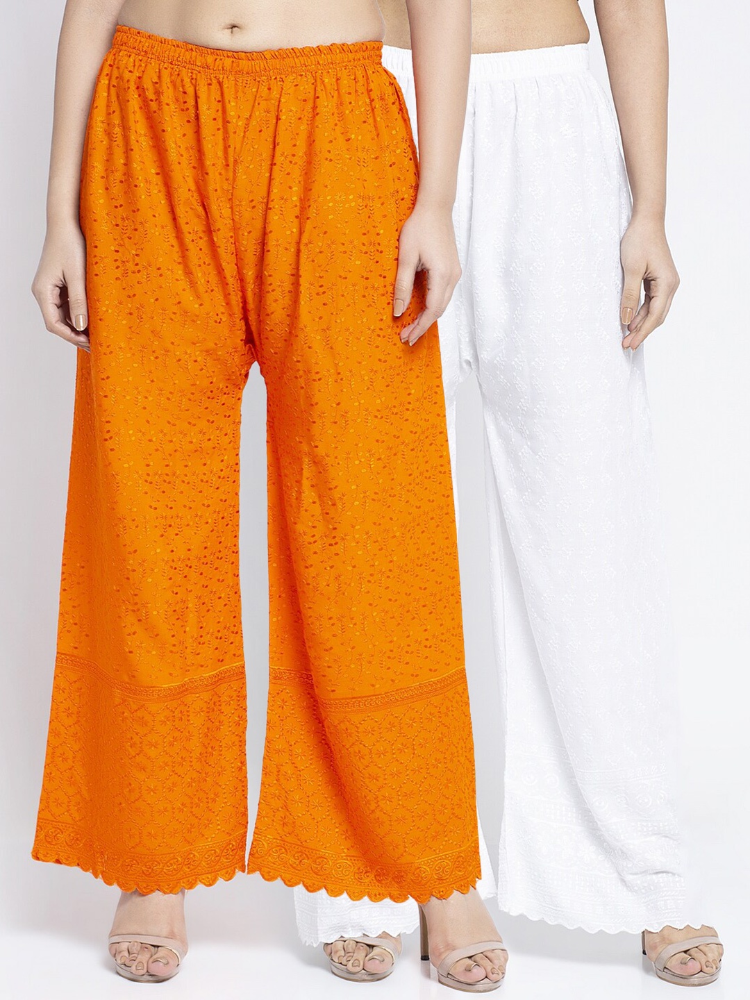 

Jinfo Women Pack of 2 Printed Flared Knitted Palazzos, White
