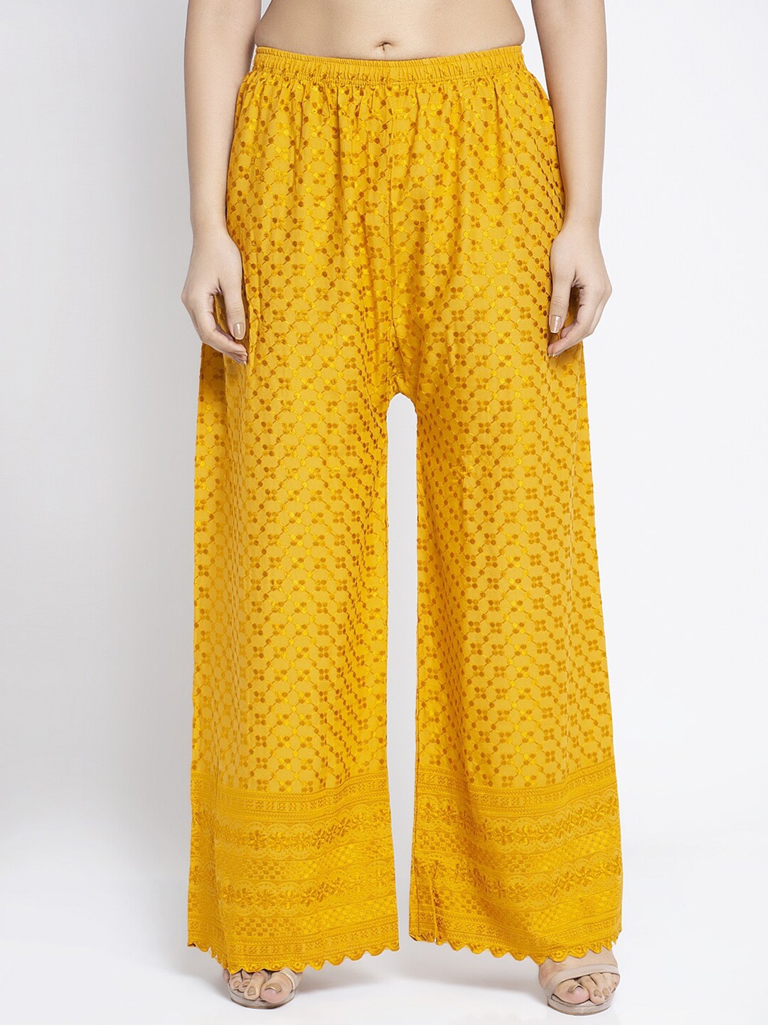 

Jinfo Ethnic Motifs Embroidered Flared Ethnic Cotton Palazzos, Yellow